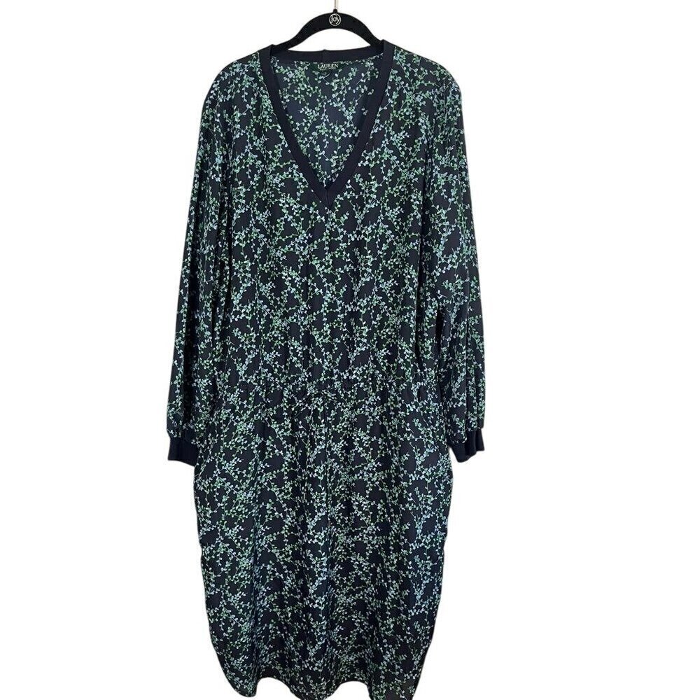 Lauren Ralph Lauren Dress 16 Blue Floral Midi Preppy Boho Western Retro Classic